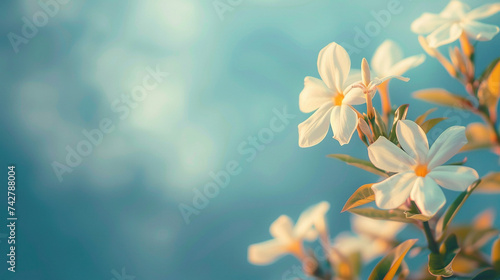 A spring background with delicate Jasmine flower flowers against blue sky
