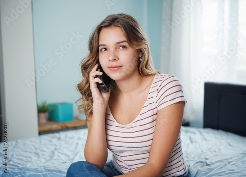 A beautiful girl is talking on her cell phone sitting on the bed in her room