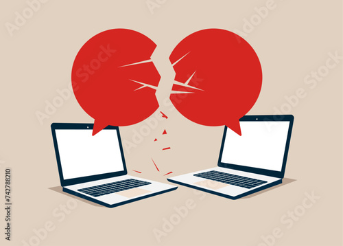 Business online communication breakdown.  Misunderstanding, negotiation problems, miscommunication, argument. Flat vector illustration