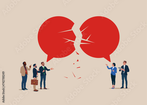 Business team communication breakdown . Symbol of misunderstanding, negotiation problems, miscommunication, argument. Vector illustration