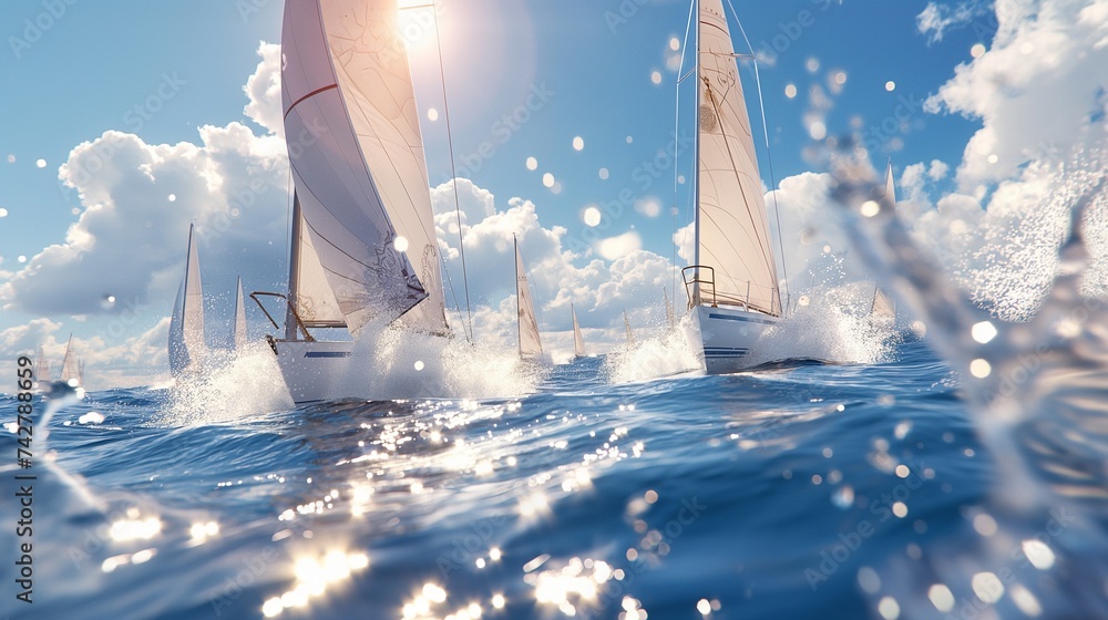 Fototapeta premium A fleet of Olympic sailing boats racing, with sails full and water splashing
