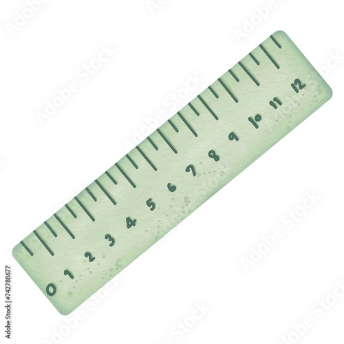 Green ruler drawn by hand using watercolor