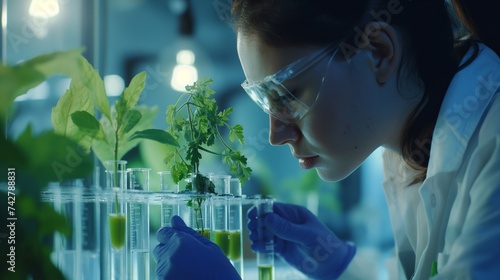 A food scientist in a lab, examining a test tube with a new plant-based protein formula, symbolizing innovation in alternative proteins. 8k