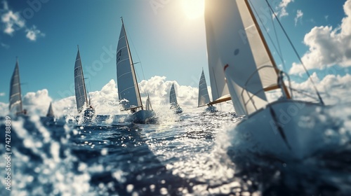A fleet of Olympic sailing boats racing, with sails full and water splashing, capturing the strategy and skill in navigating the course. 8k © Muhammad