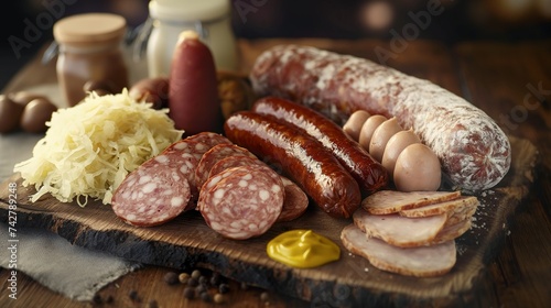 A German gourmet sausage platter, with a selection of artisan sausages, sauerkraut, and mustard, served on a wooden board, capturing the hearty essence of German cuisine. 8k