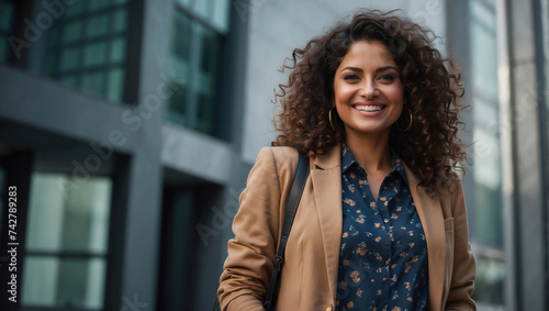 Strahlende junge Geschäftsfrau in stilvoller Kombination aus Blazer und Bluse im urbanen Umfeld