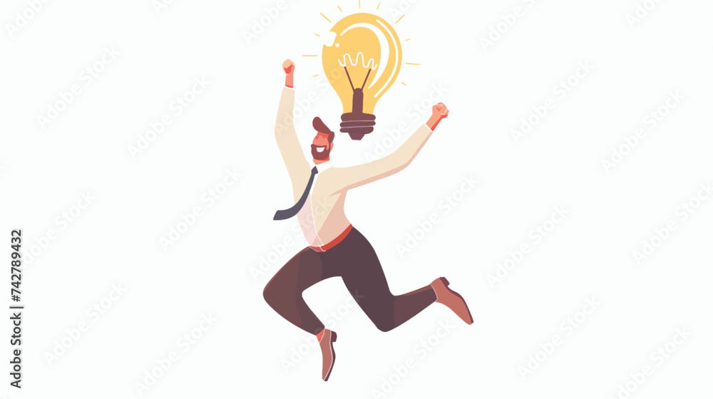 businessman jump lightbulb idea head. flat vector