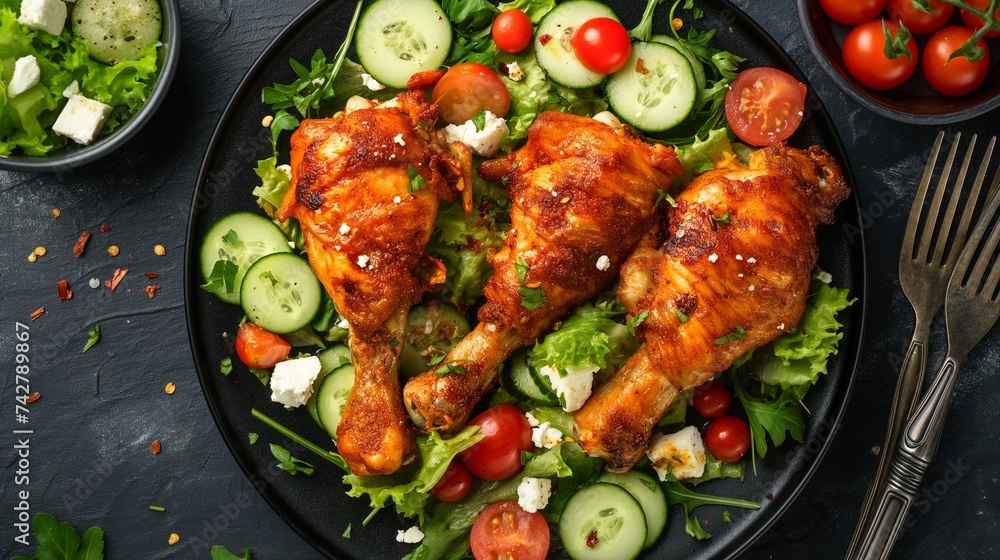 Fried chicken legs with a fresh Greek salad, including cucumbers, tomatoes, and feta cheese. 8k Fried chicken legs with a fresh Greek salad, including cucumbers, tomatoes, and feta cheese. 8k