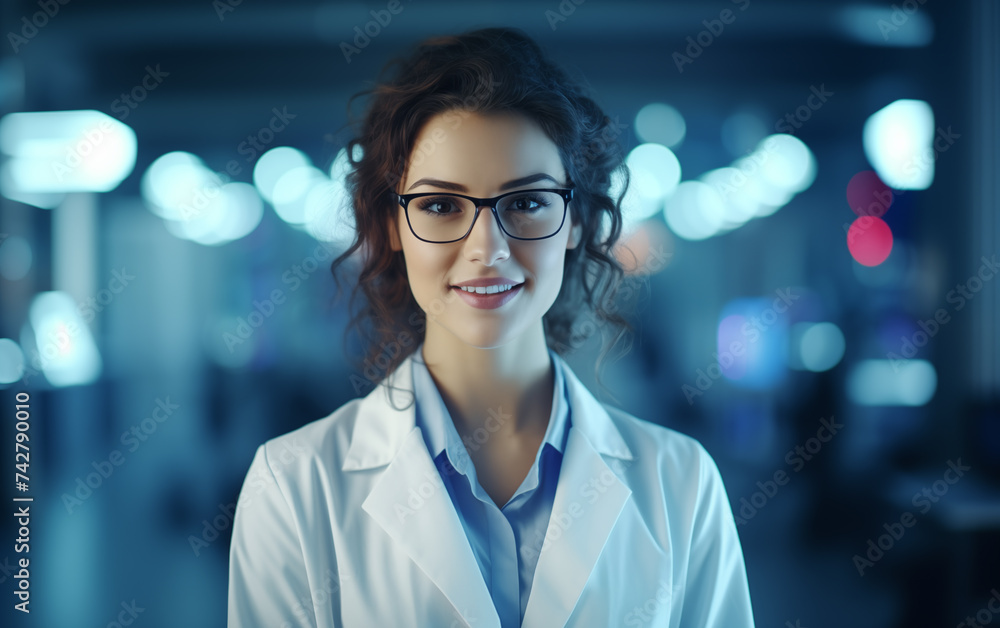 Beautiful doctor woman wearing white coat and glasses in modern medical science laboratory.
Beautiful doctor woman wearing white coat and glasses in modern medical science laboratory.