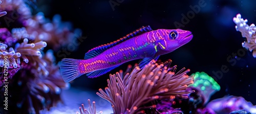 Royal gramma fish swimming among colorful corals in saltwater aquarium environment photo