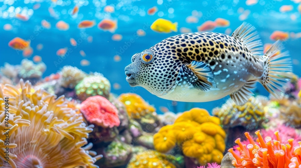 Pufferfish elegantly gliding through vibrant corals in a saltwater aquarium setting Pufferfish elegantly gliding through vibrant corals in a saltwater aquarium setting