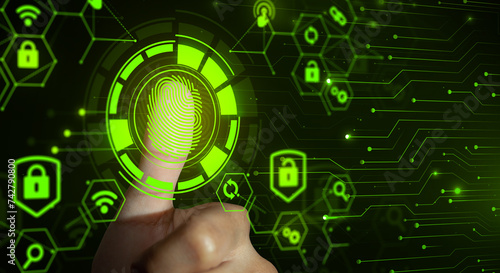 Fingerprint scan provides security access with biometrics identity and approval. Future of security and password control through fingerprint. Technology Security and Safety Internet concept.