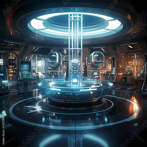 A futuristic sci-fi laboratory with glowing equipment
