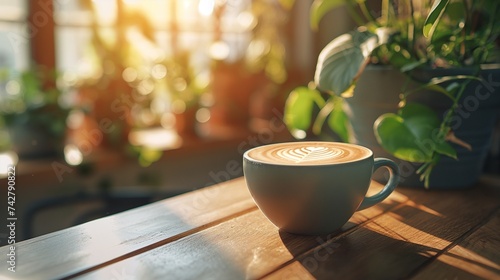A high-definition image of a ceramic cup filled with a freshly brewed latte, showcasing intricate latte art on the surface. 