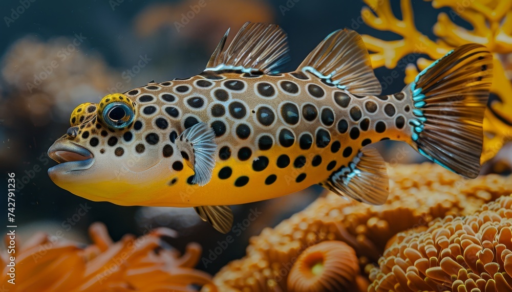 Vibrant saltwater aquarium with a variety of colorful corals and a pufferfish swimming gracefully Vibrant saltwater aquarium with a variety of colorful corals and a pufferfish swimming gracefully