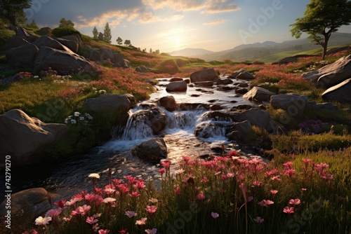Idyllic stream with pink flowers and boulders at sunrise