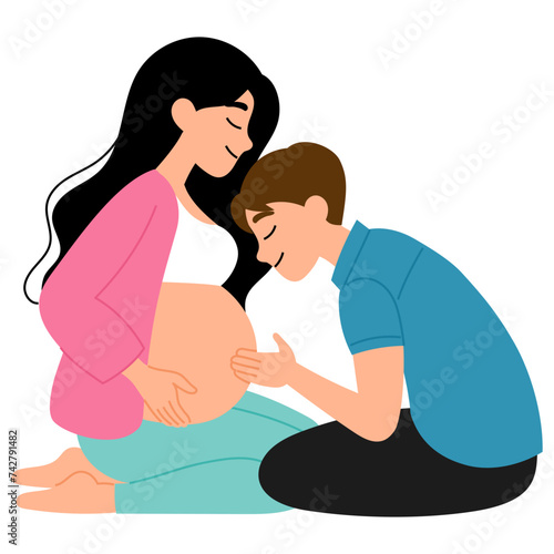 happy mother and pregnancy mother  having a baby, and father kissing on mother belly  illustration