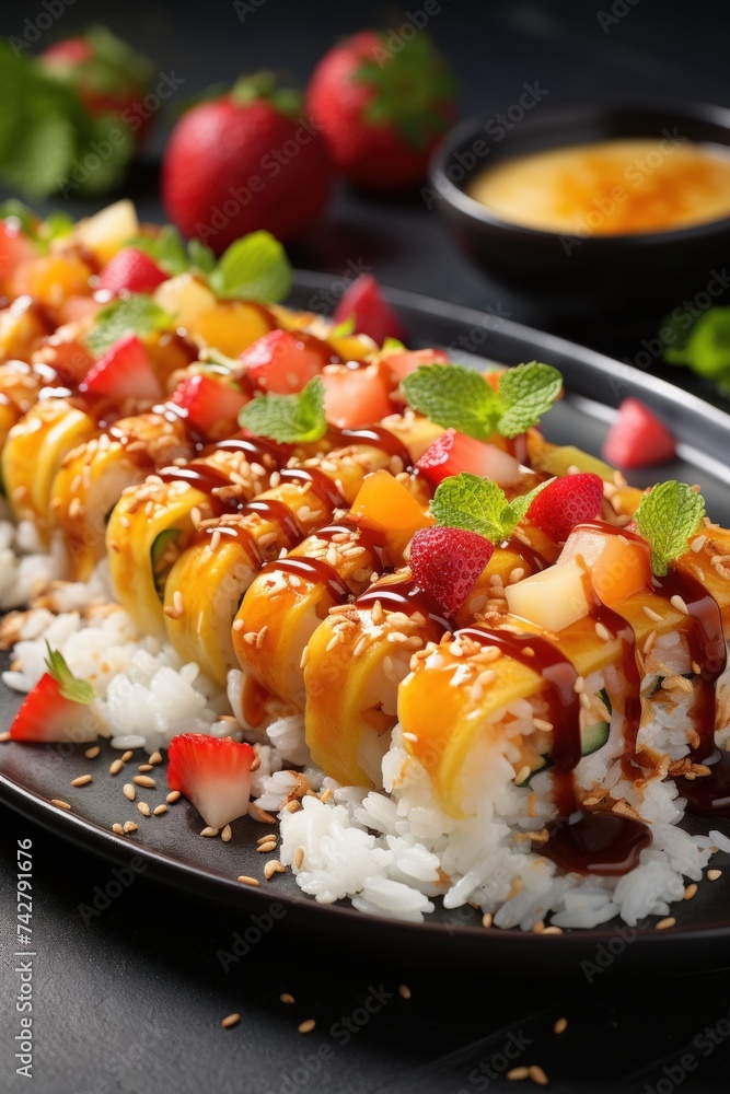 tropical fruit sushi rolls; dessert photography; best for banners, flyers, and posters