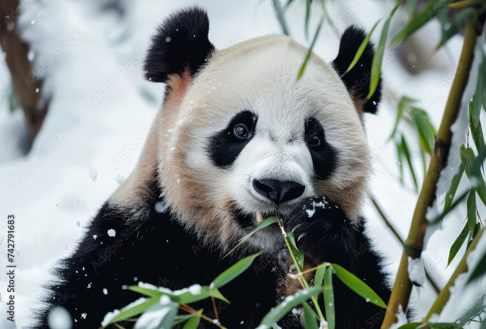 Obraz premium Giant panda munching bamboo in snow