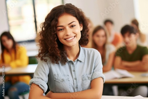 Estudiante sonriente en un aula