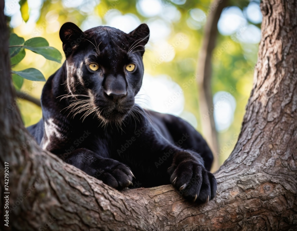 A black panther with beautiful eyes lies on a tree
