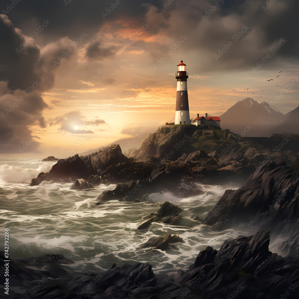 A lonely lighthouse on a rocky coastline.