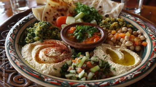 A gorgeously arranged Middle Eastern mezze platter on a large plate featuring fresh pita bread, baba ganoush, tabbouleh, and hummus photo