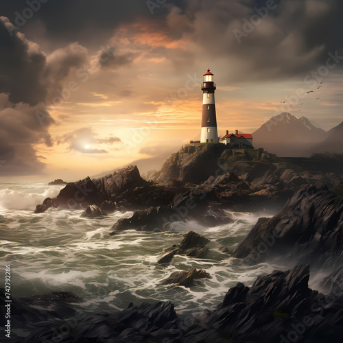 A lonely lighthouse on a rocky coastline.