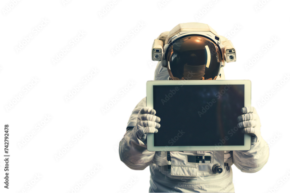 Astronaut holding wide digital tablet with copy space Astronaut holding wide digital tablet with copy space