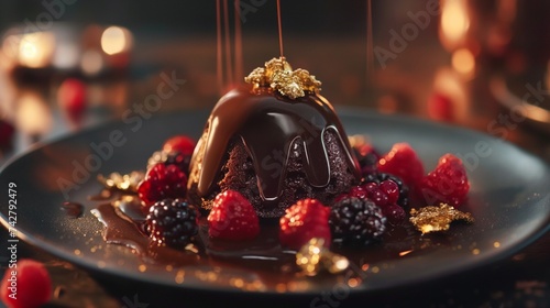 A luxurious chocolate dessert, consisting of a glossy chocolate dome, melted tableside to reveal a rich, molten chocolate cake with gold leaf and fresh berries, on a dark, elegant plate. 8k photo