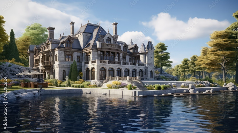estate mansion on lake