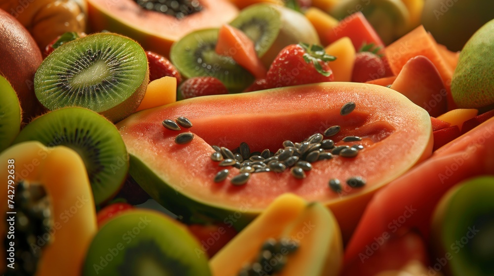 A mixture of tropical fruit seeds (like papaya, kiwi, and mango) in a vibrant, close-up arrangement 8k A mixture of tropical fruit seeds (like papaya, kiwi, and mango) in a vibrant, close-up arrangement 8k