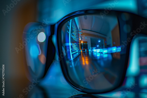 A macro shot capturing the details of a pair of glasses reflecting the screen of a computer displaying e-learning materials.