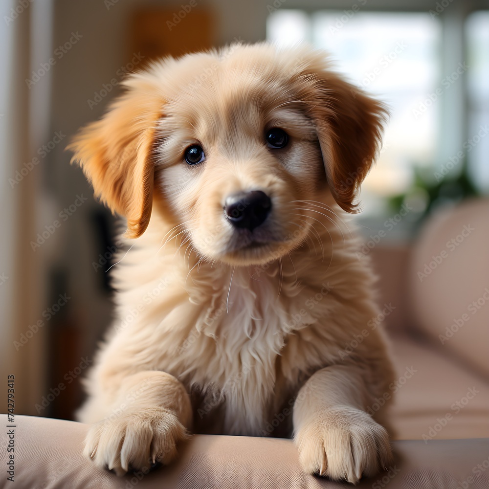 Cute puppy leaning on a chair and looking straight ahead