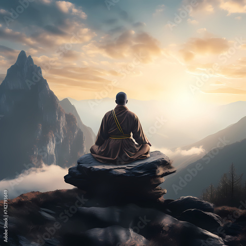 A person meditating on a serene mountaintop.