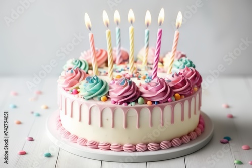 Colorful frosted birthday cake with candles. Tasty  happy  delicious and sweet.