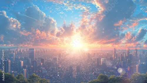 Anime city skyline landscape. Loop animation video