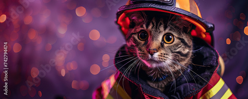 A cute cat in a firefighter's uniform on a purple background