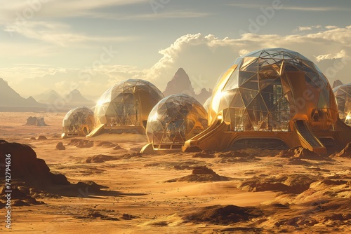 A photo capturing a Martian landscape featuring several geodesic glass domes in the middle of the desert.
