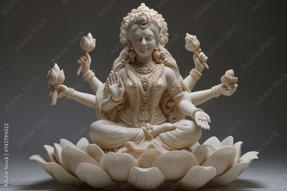 A porcelain statue of the goddess Lakshmi sitting gracefully atop a flower.