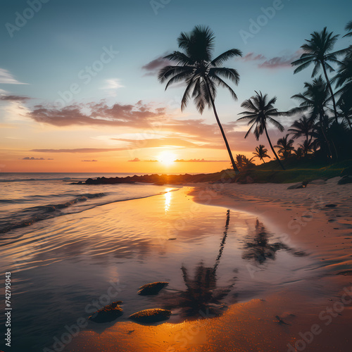 A serene beach at sunset with palm trees.