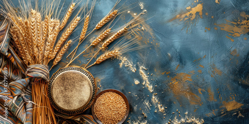 the dhol drum lies on the table next to the ears of wheat and a bowl of grain, the Indian holiday Baisakhi, copy space photo