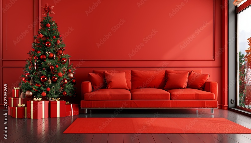 Festive christmas tree and gift boxes in modern minimal red living room interior with copy space Festive christmas tree and gift boxes in modern minimal red living room interior with copy space