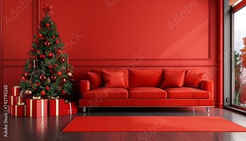 Festive christmas tree and gift boxes in modern minimal red living room interior with copy space