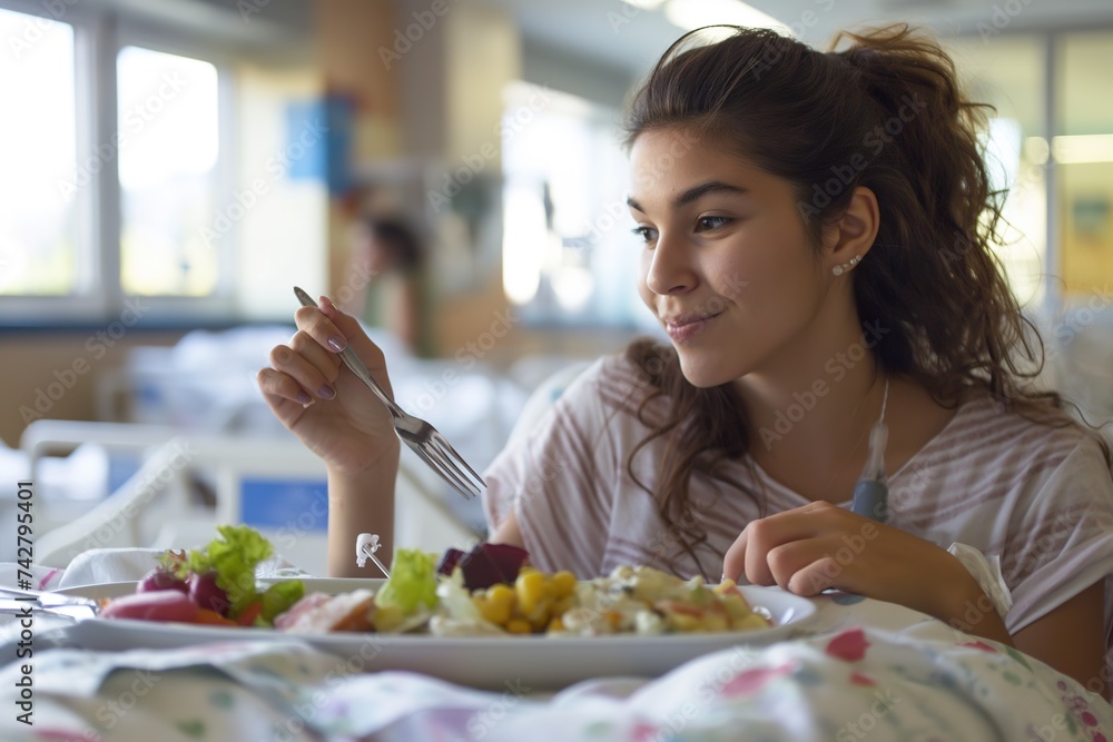 A young woman is seated at a table with a plate of hospital food in front of her.