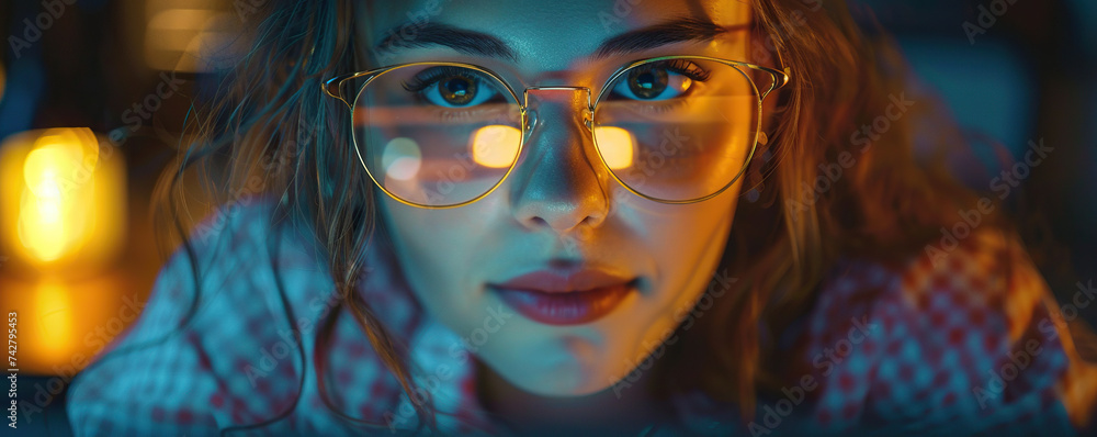 Beautiful young woman wearing glasses looking at laptop at night. Screen light reflecting in young female's glasses. Working late at evening. Beautiful young woman wearing glasses looking at laptop at night. Screen light reflecting in young female's glasses. Working late at evening.