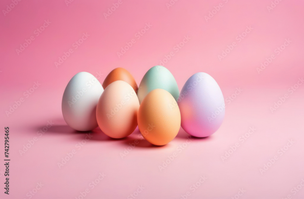 Painted eggs in pastel colors on a pink background. Easter concept.