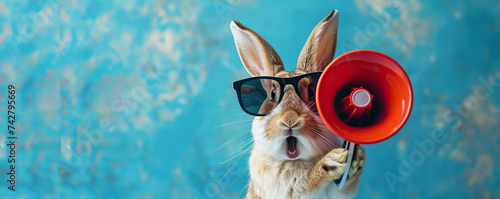 Cool bunny in sunglasses with megaphone on blue background © AI_images