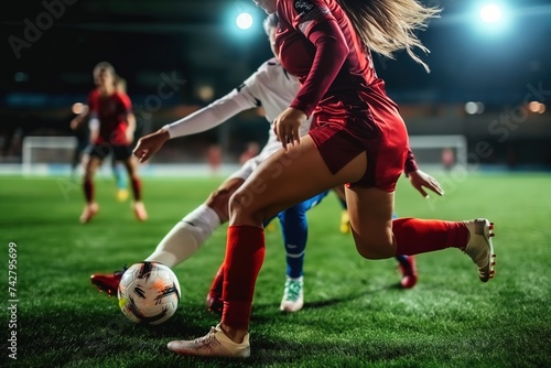 Female soccer player kicking ball on sports field during game.