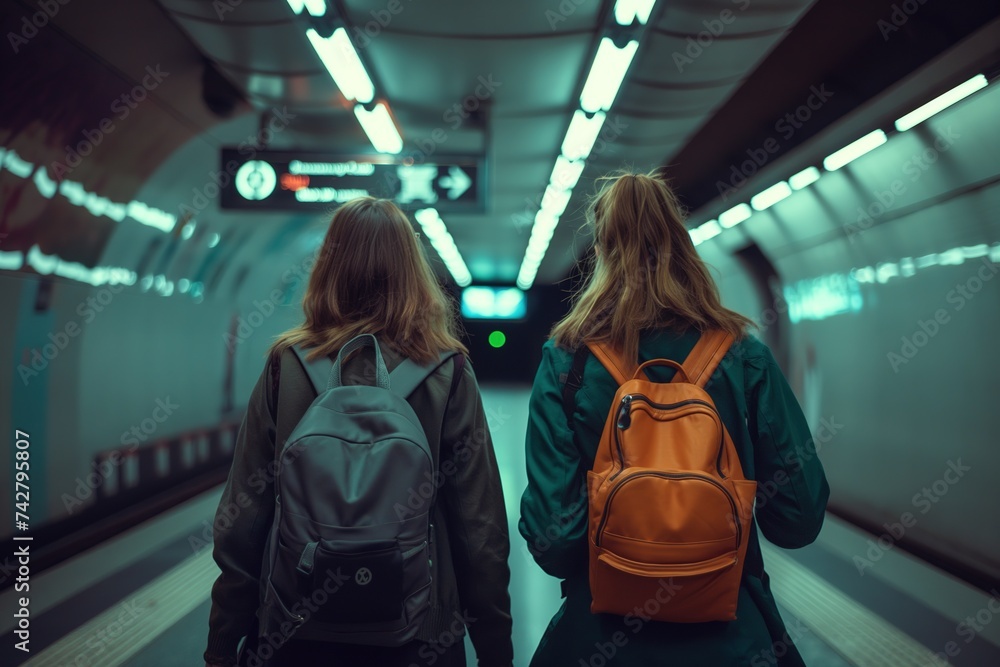 Two women with backpacks walking down a subway corridor. - obrazy, fototapety, plakaty 